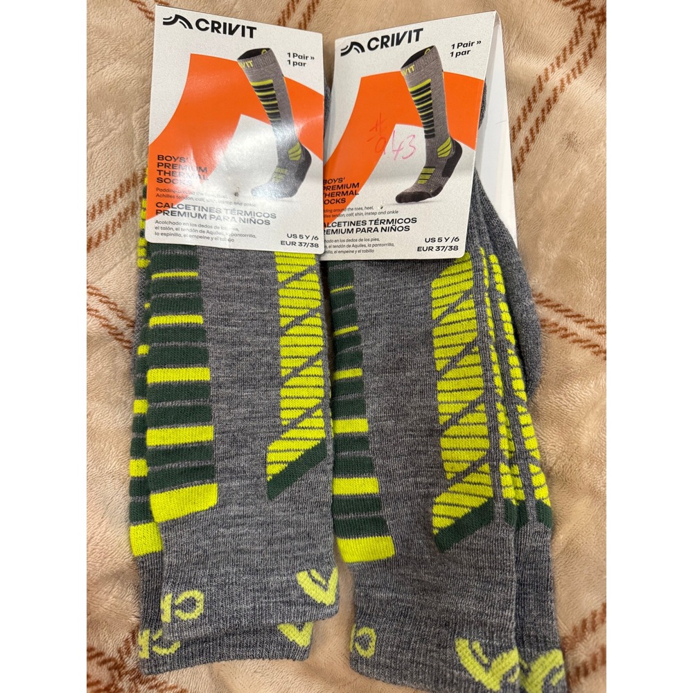Crivit Boys Premium Thermal Socks 2 Pair Gray Neon Yellow Kids Size 5Y-6 517699
